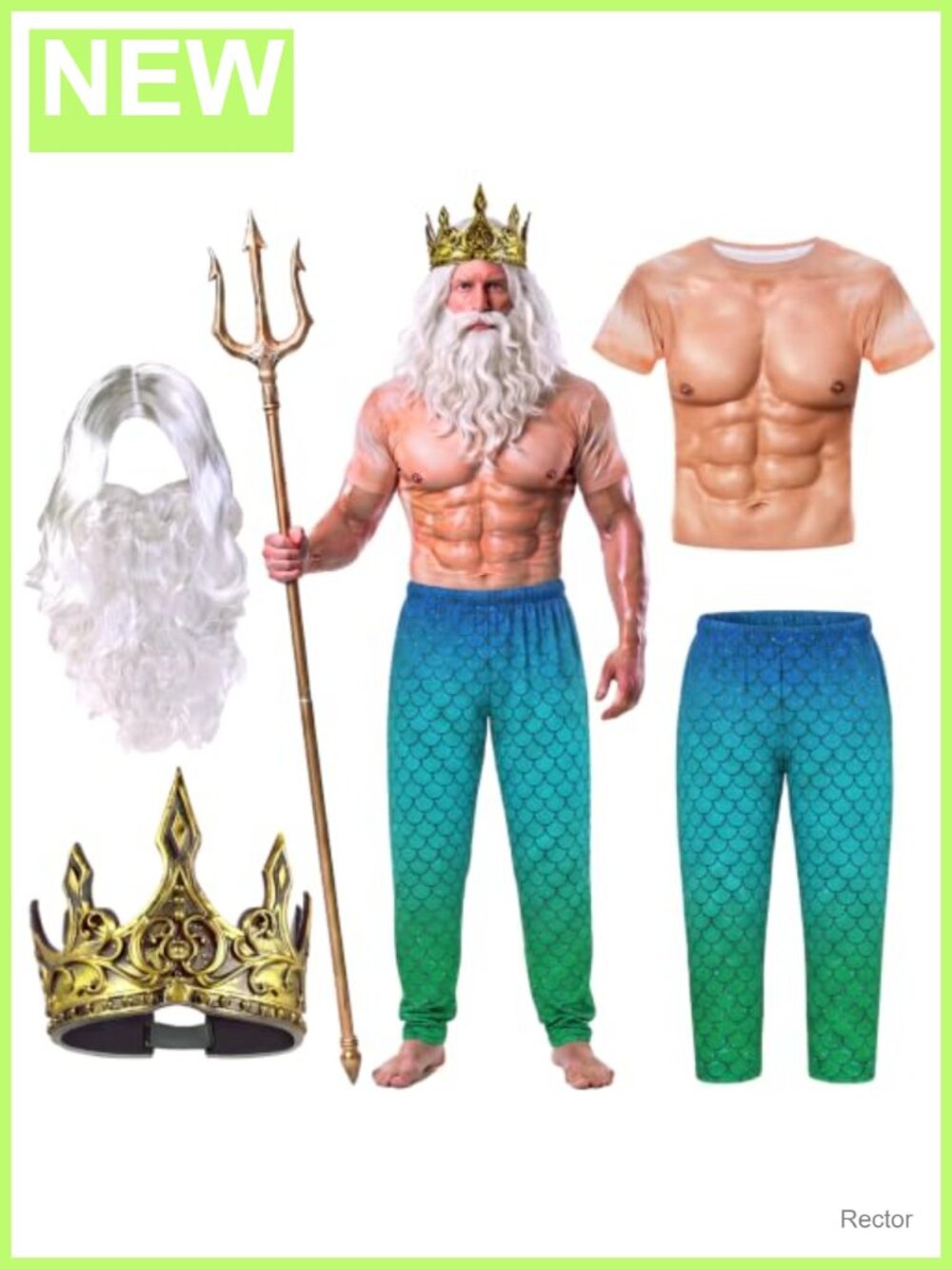 Men's Merman Costume Set - 4 Pcs Poseidon Halloween Cosplay